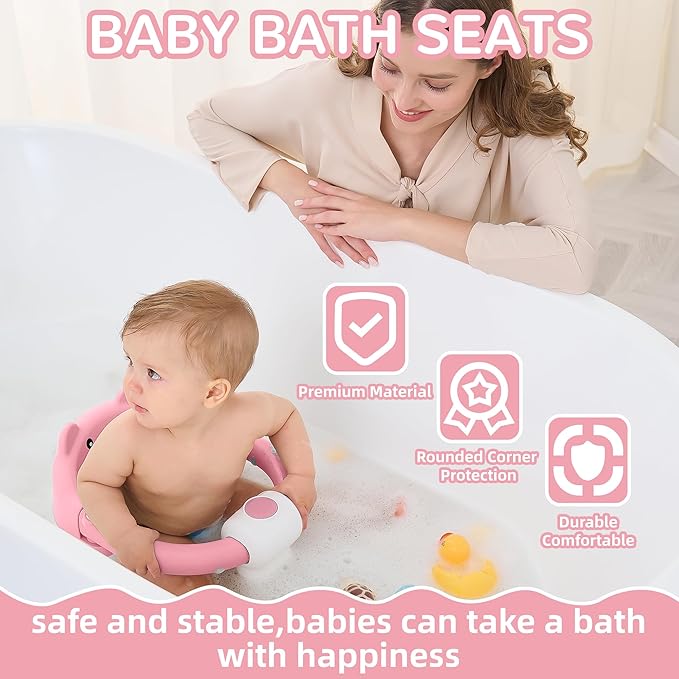 Baby Bath Seat for Babies 6 Months & up, Non-Slip Toddler Bath Seats for Babies Sitting Up, Safe Infant & Newborn Bathtub Chair with 4 Suction Cups & Soft Cushion for Shower,Pink-CubbioJoy