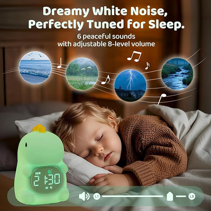 Dinosaurs Alarm Clock with Night Light for Kids with Sleep Training and Sound Machine, Rechargeable Silicone Lamp OK to Wake Clock，Cute Animal Tabletop Lamp, Perfect Sleep Companion for Boys Girls-CubbioJoy