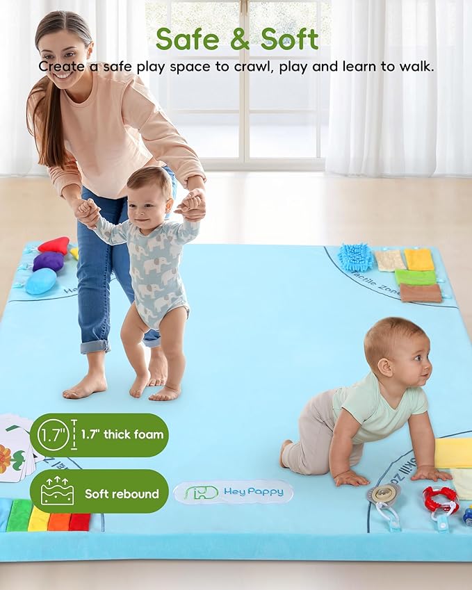 Baby Play Mat, 50''x50'' Playpen Mats with 4 Sensory Development Zones for Motor Skills, Unique Crawling Mats with Non-Slip Cushioned that Fits Nicely into Any Playroom, Blue-CubbioJoy