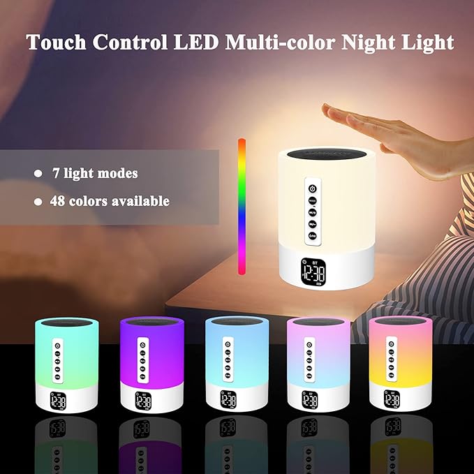 Alarm Clock Bluetooth Speaker, Night Light White Noise Machine Touch Bedside Lamp with Alarm Clock for Kids Multi-Color Changing Night Light Xmas Gifts for Teenage Girls Boys Women Teen Girl Gifts-CubbioJoy