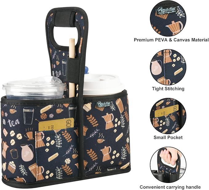 Beautyflier Drink Carrier with Handle for Delivery Reusable Insulated Coffee Cup Carrier Portable Cup Holder with Handle Organizer Tote Bag for Hot & Cold Drinks (2 Cup, Pattern3)-CubbioJoy