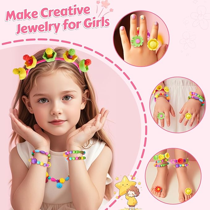 Arthopt Pop Beads, Jewelry Making Kit for 3 4 5 6 7 8 Years Old Girls, Arts and Crafts for Kids,Large Snap Beads DIY Necklace Bracelets Ring Set, Birthday Party Holiday Gift-CubbioJoy