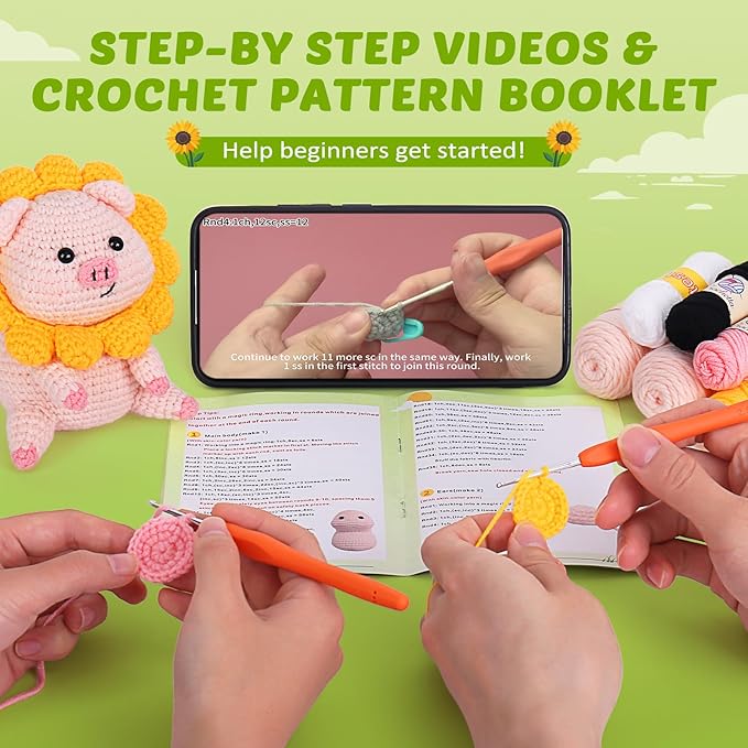 Crochet Kit for Beginners, Crochet Kit w Step-by-Step Video Tutorials, Crochet Starter Kit Learn to Crochet Kits for Adults Kids Beginners, Crochet Kit Pig (40%+ Yarn Content)-CubbioJoy