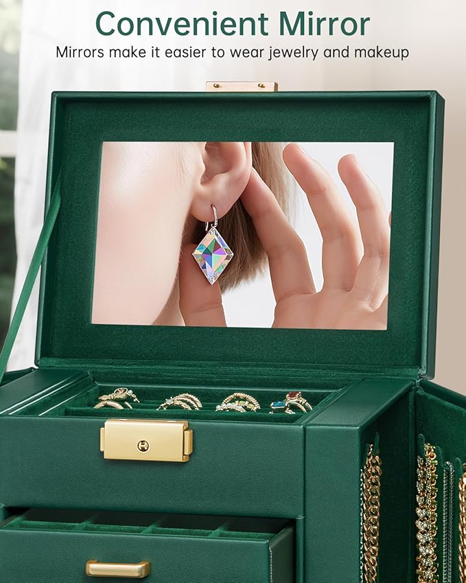 AKOZLIN 4-Tier Jewelry Box Leather Jewelry Storage Organizer with 3 Drawers Lockable for Women Girls Ring Necklace Earring Bracelet Holder with Mirror Forest Green-CubbioJoy