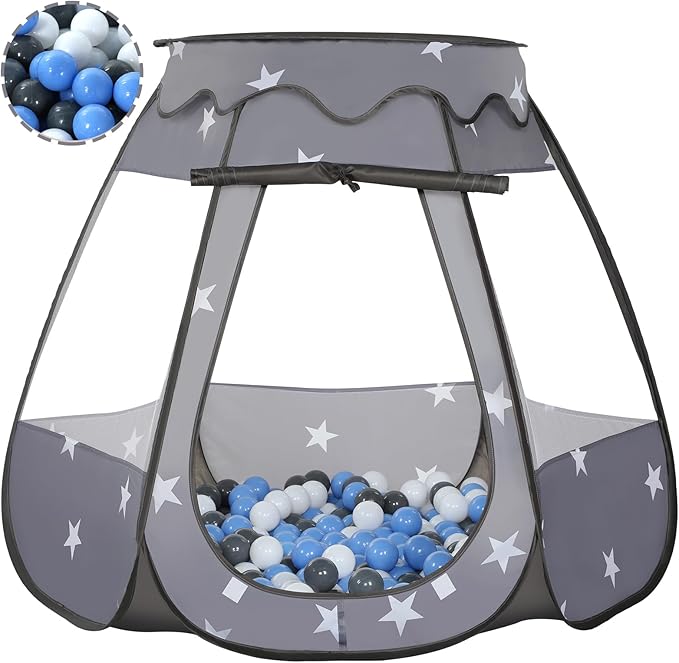 Baby Ball Pit for Toddler with 50 Balls, Kids Pop Up Play Tent for Girls, Princess Toys Gifts for Children Indoor & Outdoor Playhouse (Black: Gray/White/Babyblue, 109x90cm/50 Balls)-CubbioJoy