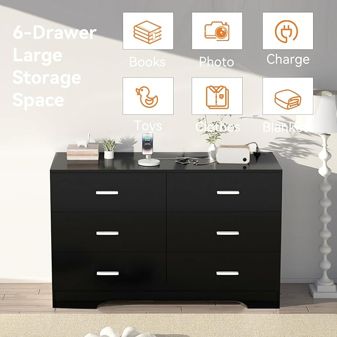 Dresser with Power Outlets Wooden 6 Drawer Dresser with USB and Type C Port Chest of Drawers for Bedroom Tall Black Organizer Storage for Living Room Hallway Closet-CubbioJoy