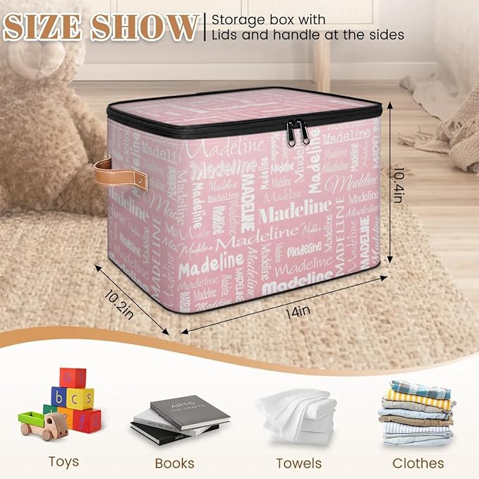 Custom Storage Basket with Name, Personalized Storage Bins with Zipper Lid, Foldable Fabric Storage Box Large capacity with Handle Pink-CubbioJoy