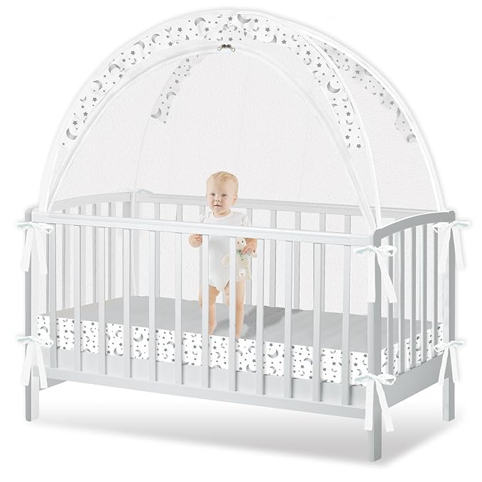 Crib Tent to Keep Baby from Climbing Out - Crib Net to Keep Baby in - Pop Up Breathable Cribs Cover - Canopy with Upgrade Strong Mesh and Durable Zipper (White-Star and Moon, Lager)-CubbioJoy