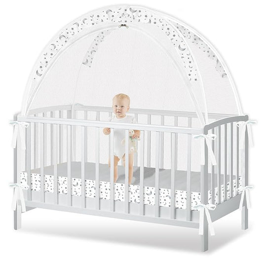 Crib Tent to Keep Baby from Climbing Out - Crib Net to Keep Baby in - Pop Up Breathable Cribs Cover - Canopy with Upgrade Strong Mesh and Durable Zipper (White-Star and Moon, Lager)-CubbioJoy
