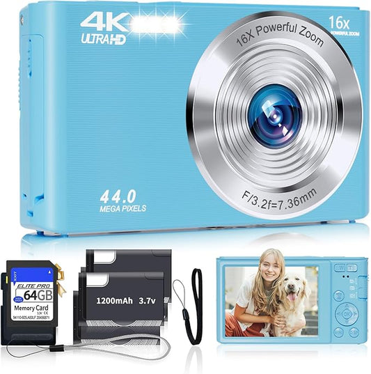 Digital Camera for Teens, FHD 4K 44MP with 64GB SD Card, 16X Digital Zoom, Compact Point Shoot Camera Blue-CubbioJoy