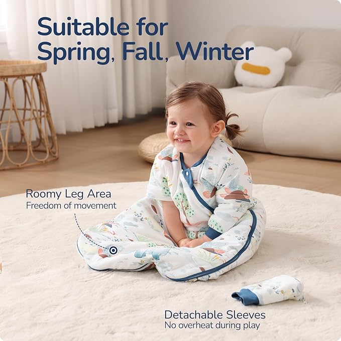 Baby Sleep Sack 12-18 Months, Cotton Detachable Long Sleeve Sleep Sack, 1.0 Tog Toddler Sleeping Sack with Temperature Strips, 2-Way Zipper Wearable Blankets for Newborns, Dinosaur-CubbioJoy