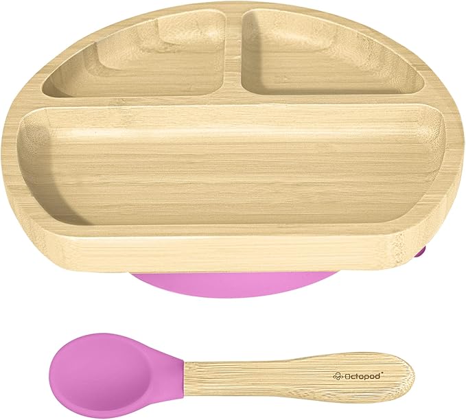 Abiie Octopod Bamboo Dish - Kids Plates for 4 months and up, 3-Compartment Baby Plates with Suction, Triangle Bamboo Baby Plate, Mess-Free Toddler Suction Plates, Baby Feeding Supplies, 8.3x1.9x7.7 in-CubbioJoy