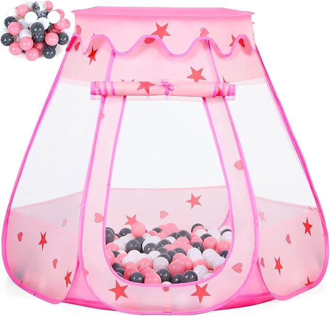 Baby Ball Pit for Toddler with 50 Balls, Kids Pop Up Play Tent for Girls, Princess Toys for Children Indoor & Outdoor Playhouse with Carry Bag (Pink: Pink/White/Gray, 109x90cm/50 Balls)-CubbioJoy