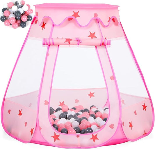 Baby Ball Pit for Toddler with 50 Balls, Kids Pop Up Play Tent for Girls, Princess Toys for Children Indoor & Outdoor Playhouse with Carry Bag (Pink: Pink/White/Gray, 109x90cm/50 Balls)-CubbioJoy