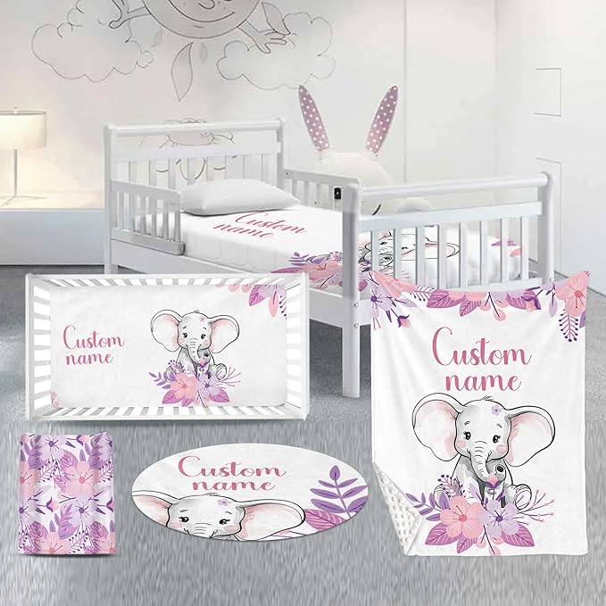 Custom Nursery Crib Bedding Set: Personalized Name 4 Piece Purple Flower Elephant Design Baby Crib Sets for Girls - Toddler Double Layer Blanket Set, Comfortable Crib Bed Sheets for Baby Toddlers-CubbioJoy
