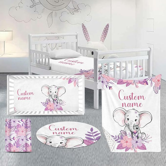 Custom Nursery Crib Bedding Set: Personalized Name 4 Piece Purple Flower Elephant Design Baby Crib Sets for Girls - Toddler Double Layer Blanket Set, Comfortable Crib Bed Sheets for Baby Toddlers-CubbioJoy