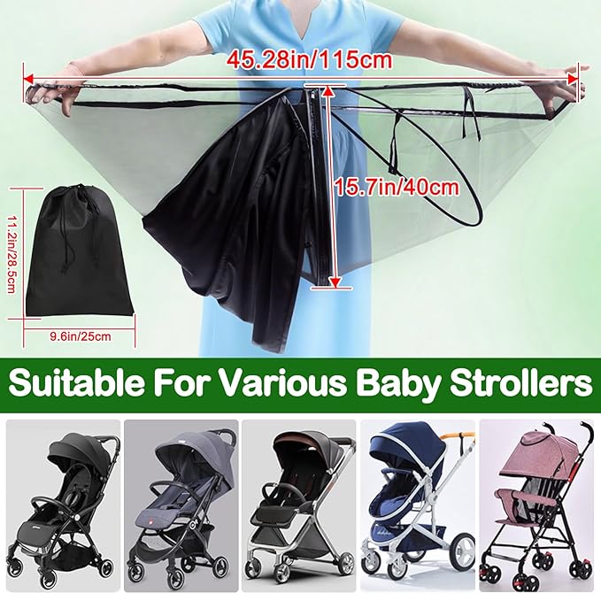 Baby Mosquito Net for Stroller Sun Shade, 2-in-1 Stroller Cover for Sun Protection with Two-Way Zipper and Storage Bag, Breathable Strollers Bug Net Suitable for Bassinet, Cradle, Car Seat – Black-CubbioJoy