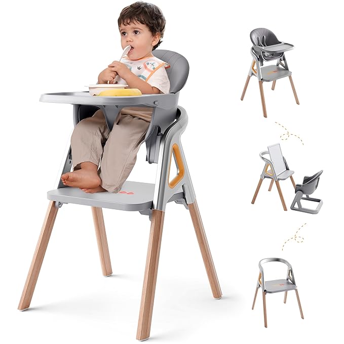 CoziBB Baby High Chair, 6 in 1 Convertible Growing Baby Highchairs for Babies and Toddlers, Baby Chair with Adjustable Dining Tray and Seat, 5-Point Safety Belt, Grey-CubbioJoy