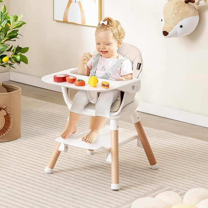 BABY JOY High Chair, 6 in 1 Convertible Wooden Highchair for Babies & Toddlers with Adjustable Legs, Double Removable Tray, Safety Harness & Waterproof PU Cushion (Beige)-CubbioJoy