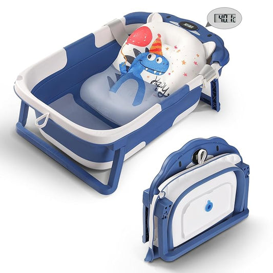 Baby Bathtub,Collapsible Baby Bath Tub with Thermometer & Soft Floating Cushion,Portable Travel Baby Bathtubs for Newborns to Toddlers 0-36 Months(Bear Blue)-CubbioJoy