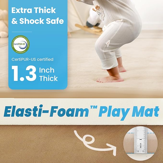 1.3" Thick Baby Play Mat for Floor Playpen, 50x50 Foam Tummy Time Mat, Padded Support Soft Plush Nursery Rug for Infant Kids Toddler Crawling Kick Activity (Beige)-CubbioJoy