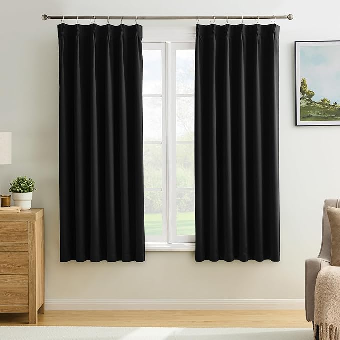 KEQIAOSUOCAI Short Pinch Pleated Blackout Curtains 54 Inch Long 2 Panels for Bedroom Thermal Insulated Black Out Window Curtain Pinched Pleat Drape with Hooks (W40 x L54 Inch, Black)-CubbioJoy