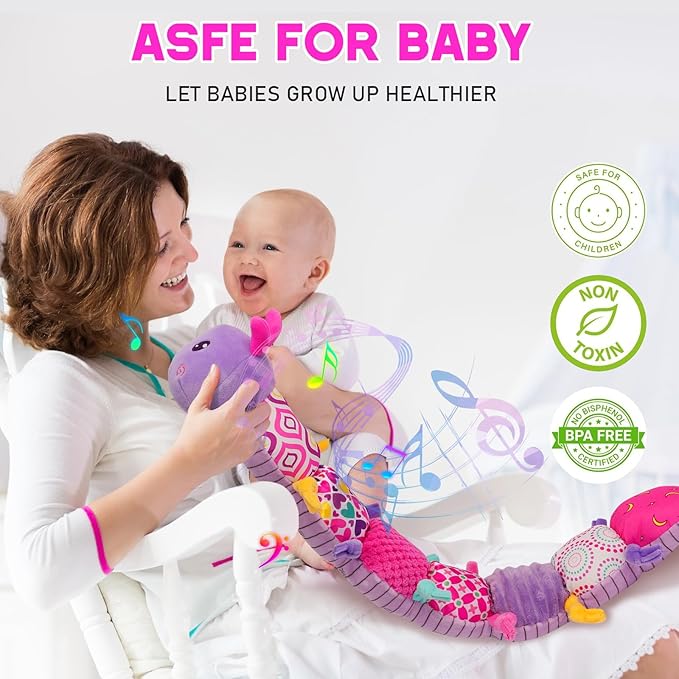 Baby Girls Toys 0-6 Month Baby Stuffed Animal Toys for 0-6 6-12 Months & A Pair of Wrist | Baby Musical Caterpillar Tummy Time Toy | Newborn Infant Sensory Toy for 1 2 Years Old Boys Girls.-CubbioJoy