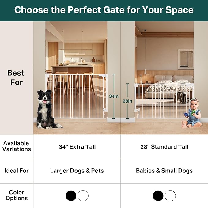 Cumbor 34" Extra Tall No Bottom Bar Baby Gate for Stairs, Auto Close Dog Gate Indoor for Larger Pets, 31.6-48" Hardware Mounted Safety Gate for Doorways, Wide Walk Thru Door for Easy Access (White)-CubbioJoy