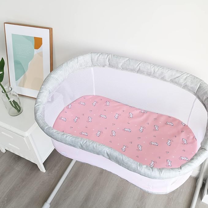 Bassinet Sheet 4 Pack for Baby Girls, Bassinet Sheets Universal Fit for Rectangle, Oval, Hourglass Bassinet Pad/Mattress, Stretchy Bassinet Sheets, Pink Print-CubbioJoy