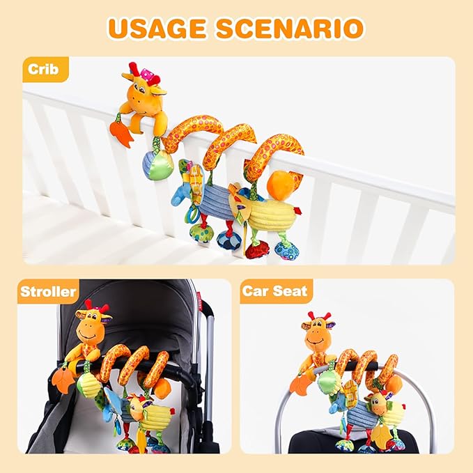 Jollybaby Crib Stroller Car Seat Toys for Baby 0-3-6-9-12 Months, Tummy Time Hanging Sensory Toys for Newborn with Music Box and Teether, Spiral Carseat Toy for Infant Boys Girls Gifts (Giraffe)-CubbioJoy