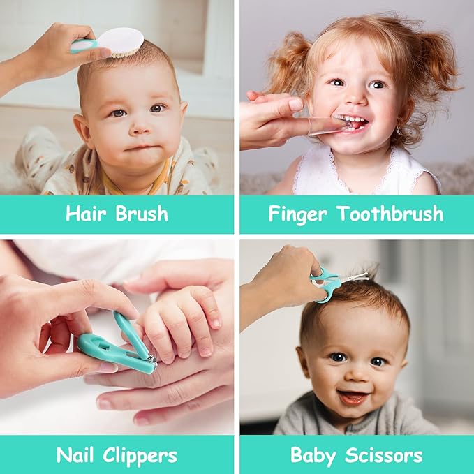 Baby Healthcare and Grooming Kit, 28 in 1 Portable Baby Essentials Kit Electric Nail Trimmer Set with Gas Relief Hair Brush Comb Nasal Aspirator for Newborn Boys Girls (Green)-CubbioJoy