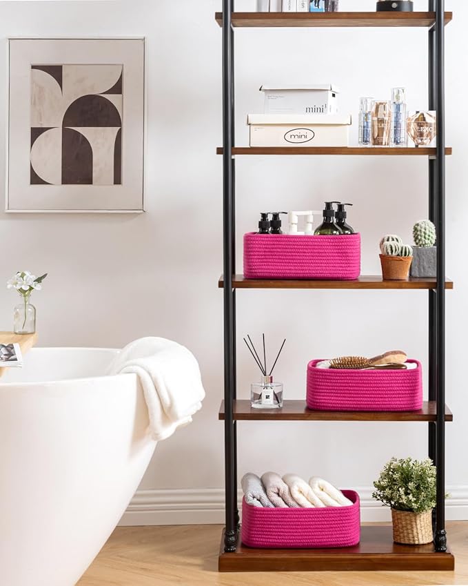 KALLAX Small Woven Basket, 12 x 8 x 4.5 Inches, Storage Basket for Organizing, Cute Small Rope Shelf Closet Cube Storage Bins Baskets for Shelves, Dog Toy Gift Baskets Empty, 3 Packs, Hot Pink-CubbioJoy