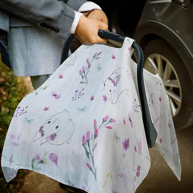 80S Muslin Car Seat Cover for Babies - Soft & Breathable Infant Carrier Canopy, Lightweight Sunshade for Summer, Universal Fit for Baby Boys & Girls-CubbioJoy