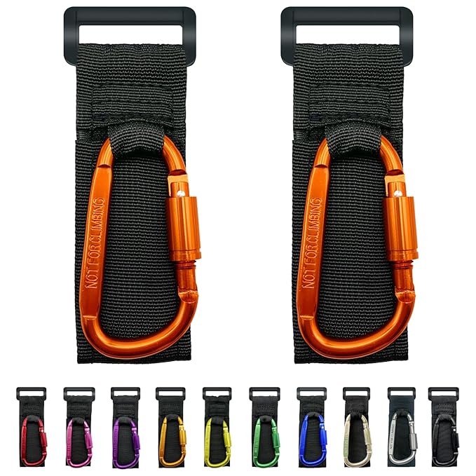 Baby Stroller Hook, Carry 30 lbs per Stroller Carabiner Clip, Adjustable Baby Stroller & Car Seat Hook for Hanging Diaper Bag, Wheelchair,Golf cart, Shopping and Pet Cart(2 Pcs Orange)-CubbioJoy
