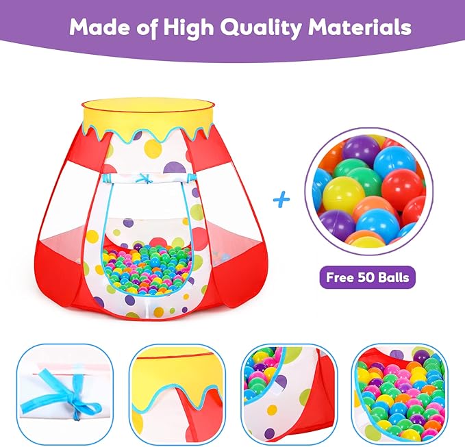 Baby Ball Pit for Toddler with 50 Balls, Kids Pop Up Play Tent for Girls, Princess Toys for Children Indoor & Outdoor Playhouse with Carry Bag (Red: 7 Bright Colors, 109x90cm/50 Balls)-CubbioJoy