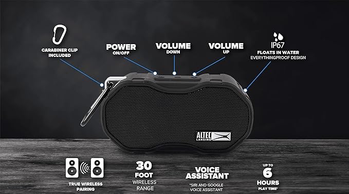 Altec Lansing Baby Boom XL - Waterproof Bluetooth Speaker, Wireless & Portable for Travel & Outdoor Use, Deep Bass & Loud Sound, 1 Pack, Black-CubbioJoy