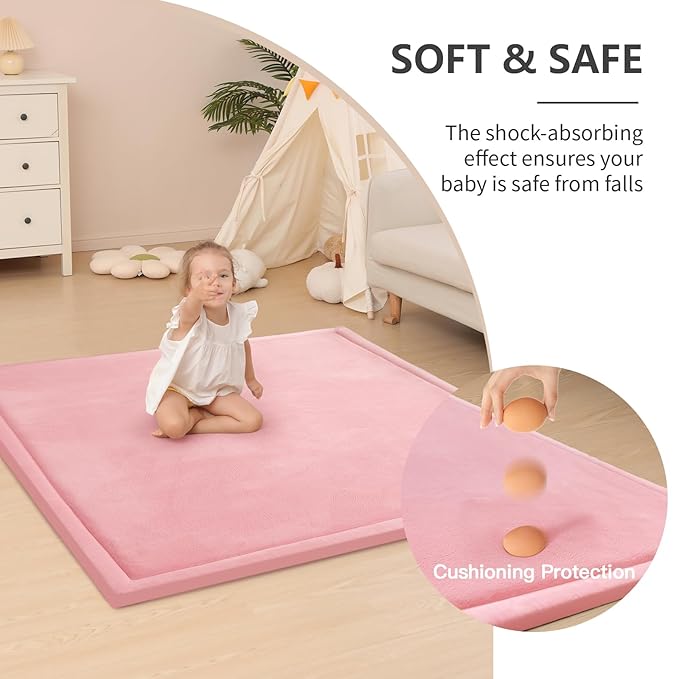 Baby Play Mat for Floor,1.3" Thick Elasti-Foam 50x50 Playpen Mat for Toddlers Infant Kids,Water-Repellent Soft Coral Velvet Tummy Time Mat,Non Slip Crawling Mat,Tatami Mat(Pink)-CubbioJoy