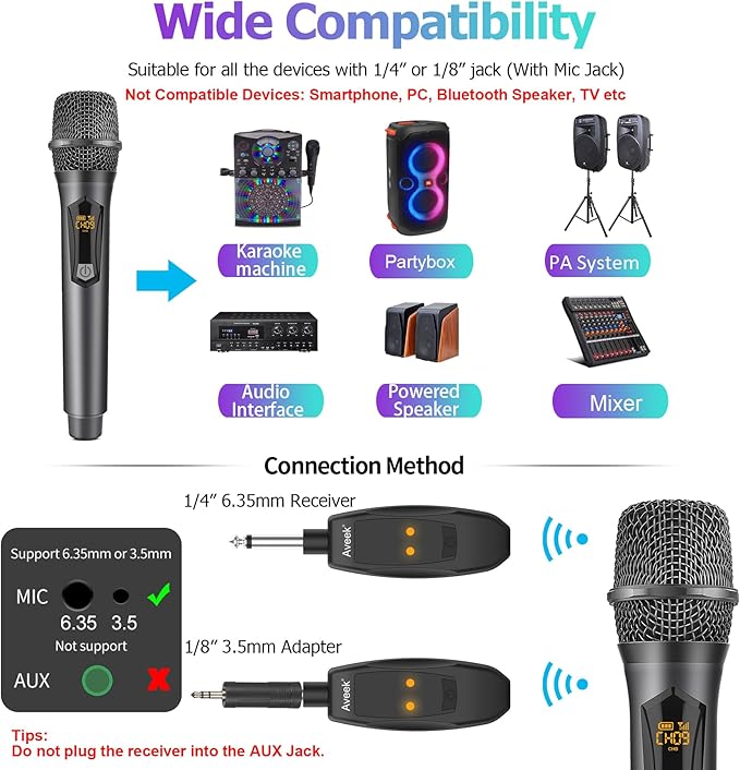 Aveek Wireless Microphone for Karaoke, 2.4GHz Rechargeable Karaoke Microphone(Work 10hs), for Speaker, Karaoke Machine,Church, Speech, Wedding, Party Singing, Grey&Red, 2 Packs-CubbioJoy