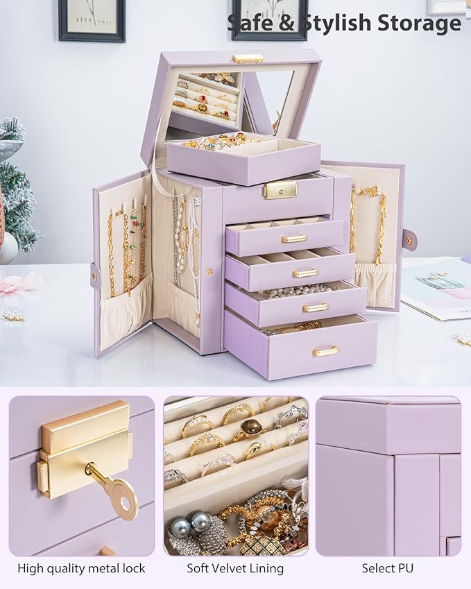 AKOZLIN 5-Tier Jewelry Box Leather Jewelry Storage Organizer with 4 Drawers Lockable for Women Girls Ring Necklace Earring Bracelet Watches Holder with Mirror Purple-CubbioJoy