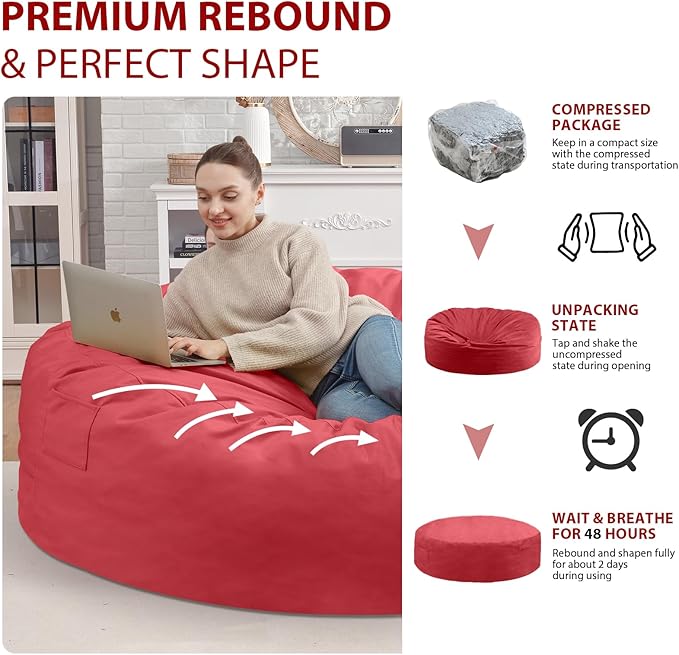 7FT Bean Bag Chair, Large Bean Bag Chairs with Memory Foam Filled, Fluffy Beanbag Sofa with Dutch Velvet Cover, Round BeanBag Chairs for Living Room, Playroom - Red-CubbioJoy