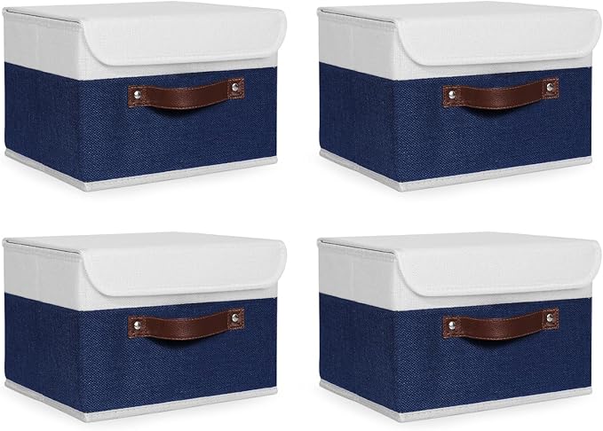 ANMINY 4PCS Storage Boxes with Lid Washable Decorative Storage Bin Basket with PU Leather Handle Foldable Linen Fabric Storage Cube Container for Home Closet Organizer - Deep Blue White, Small Size-CubbioJoy