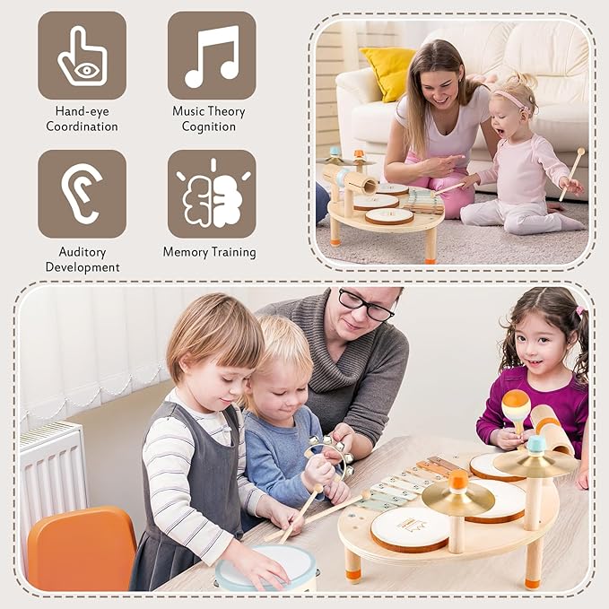 Drum Set - 9 in 1 Musical Instruments for for Toddlers 3+, Wooden Montessori Toys for Boy & Girls Easter Birthday Gifts, Musical Drum Set with Xylophone for Kids 3 4 5 6-CubbioJoy