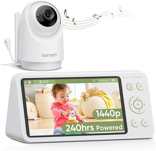 bonoch 5.5" 1440p Baby Monitor with Camera and Audio, No WiFi Baby Camera, 240h Lasting, Smart Detect Sleep Turn Over/Cry/Motion, 7800mAh, Hack Proof Video Monitor, Built-in Sound Machine White Noise-CubbioJoy