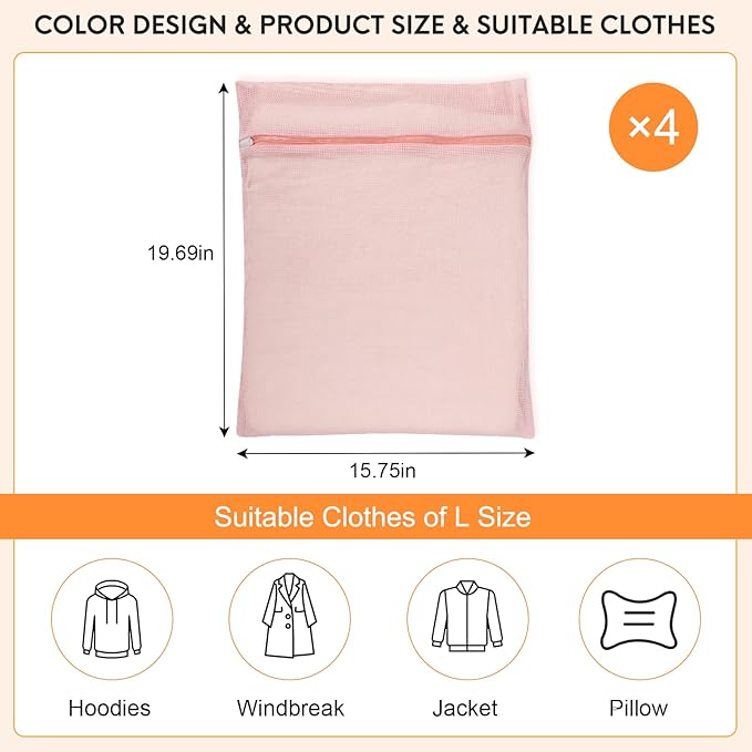 4-Piece Pink Large Durable Organic Cotton Mesh Laundry Bags with Sturdy Zippers and Breathable Mesh are Delicate Laundry Bags for Underwear, Clothes, Pants and Socks-CubbioJoy