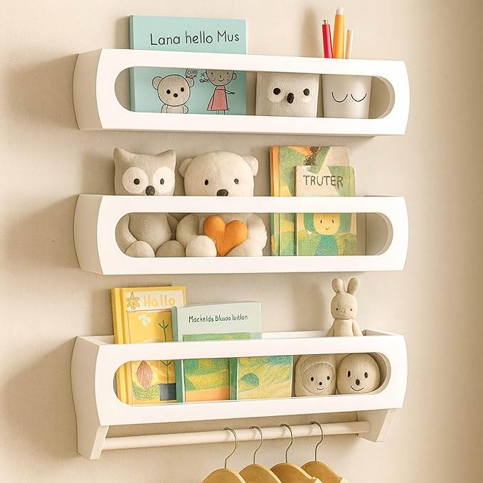 Bamboo Nursery Book Shelves, Fully Assembled For Easy Use - Set of 3 Floating Shelves for Wall Kids, Wall Mounted Book Shelves For Kids Room, Baby Room, Toddler Room, Nursery Decor, 16.5 Inch White-CubbioJoy