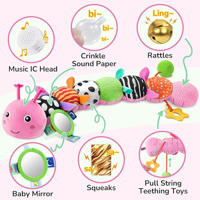 Baby Toys 6-12 Months Music Caterpillar Infant Toys Stuffed Animals 0-3-6 Months Teething Tummy Time Sensory Toys with Mirror Rattle&Pull String for Boys Girls Birthday Gifts|Candy Pink,Leafy-CubbioJoy