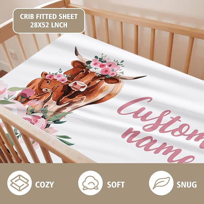 Custom Name Crib Bedding Set - Highland Cow Theme, Personalized Pink Flower Nursery Bedding 3-Piece Set– Soft Blanket, Fitted Sheet, Changing Pad Cover – for Newborns Girls Nursery Gifts-CubbioJoy