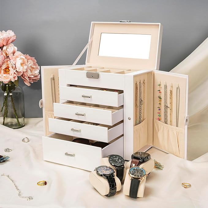 AKOZLIN 5-Tier Jewelry Box Lockable Leather Jewelry Storage Case with 4 Drawers for Women Girls Ring Necklace Earring Bracelet Watches Holder Organizer with Mirror-CubbioJoy