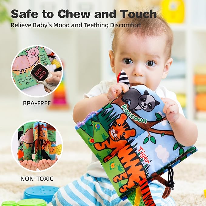 Jollybaby 2 PCS Sensory Touch and Feel Crinkle Books for Baby 0-6 Months, Jungle Farm Tails Montessori Car Set Toys for Tummy Time Newborn 6-12, Soft Fabric Cloth Books for Infant 1 Year Old Gift-CubbioJoy