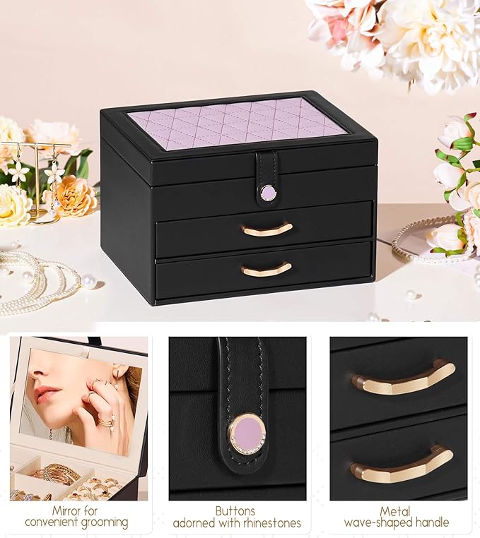 Black Jewelry Box Organizer: Home Decor for Women - 2-Drawer Holder for Valentine’s Day Birthday Christmas Black Grey-Purple-CubbioJoy